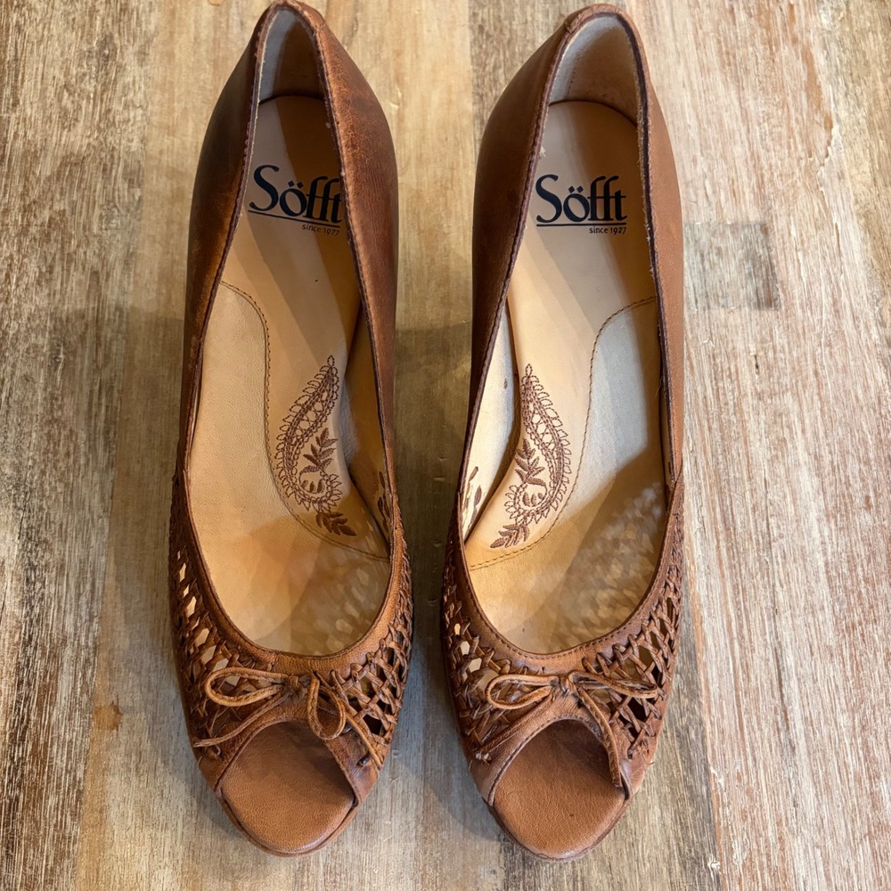 Sofft Brown Leather Woven Peep Toe Bow Pumps Heels 1217700 Womens 9M - Picture 6 of 13